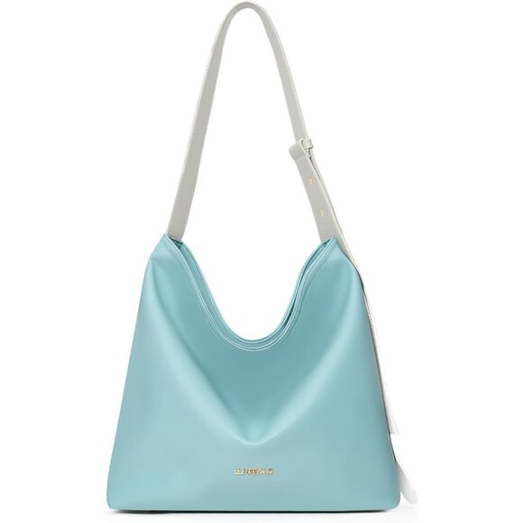 Women's Light Blue Tote Hobo Vegan Leather Shoulder Strap Zippered Pocket Bag - Picture 1 of 5